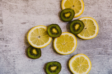 Lemons and kiwis. Seamless pattern of lemons on an industrial background. High quality photo