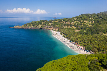 Fototapeta premium Aerial view of the Virgin beach between Candidasa and Amlapura in the Karangasem regency in eastern Bali, Indonesia