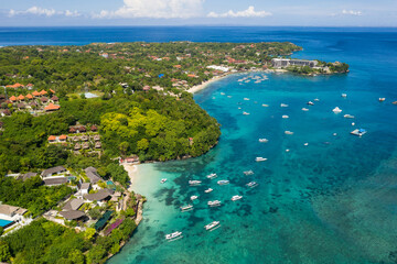 Aerial view of various villa and hotel along Nusa Lembongan coast line, a small island off Bali in Indonesia in Southeast Asia