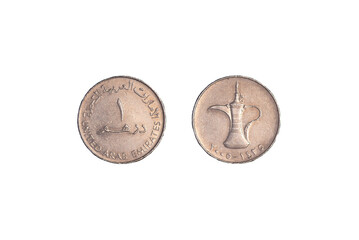 Coin United Arab Emirates UAE one Dirham 2005. Isolated On Black.