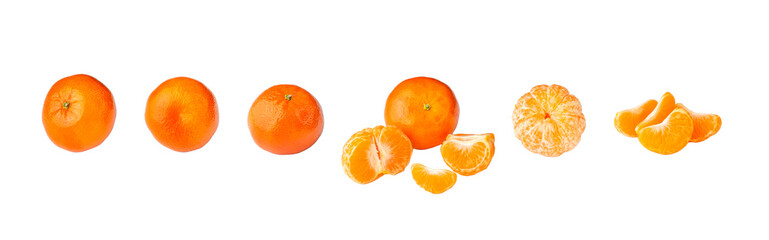 Isolated citrus, tangerine collection. Whole tangerine fruit peeled segments isolated on white background with clipping path.