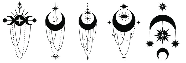 moon phases, crescent, sun, set of celestial bodies and mystic magical elements in vintage boho style. celestial bodies