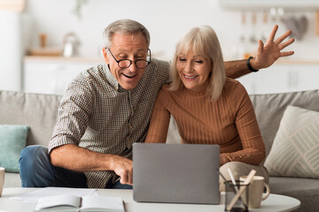 Senior Spouses Making Video Call Talking To Laptop At Home