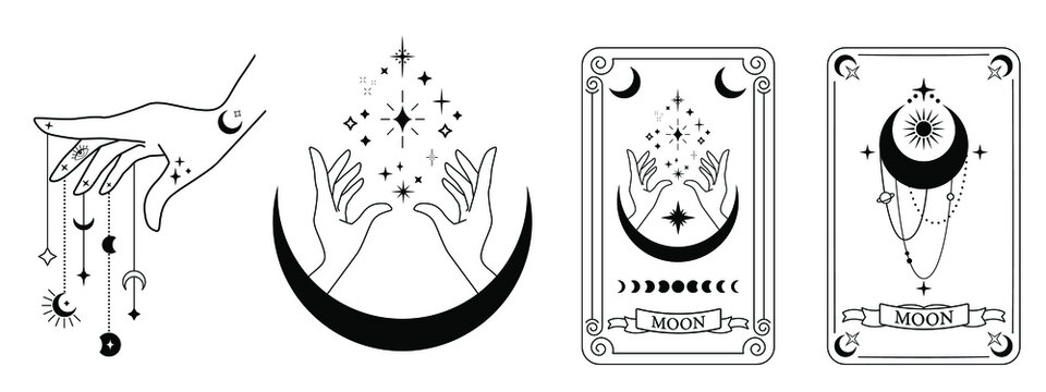 Line art of witch hands with celestial bodies, moon phases, crescent, sun, set of celestial bodies and mystic magical elements in vintage boho style. tarot card