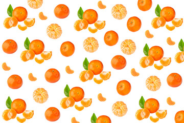 Fruit pattern of tangerine - mandarin slices isolated on a white background. Top view.