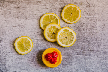 Lemons and plastic toy. Seamless pattern of lemons on an industrial background. High quality photo