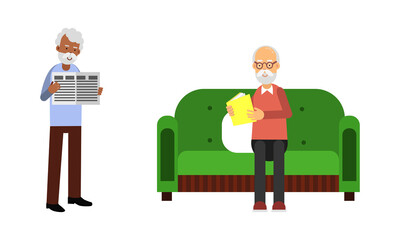 Aged Man Pensioner Character Engaged in Daily Activity Vector Illustration Set