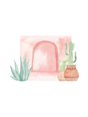 Watercolor Moroccan architecture elements, desert town scene. Old historical arch in pink color, north african symbol.