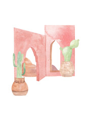 Watercolor Moroccan architecture elements, desert town scene. Old historical arch in pink color, north african symbol.