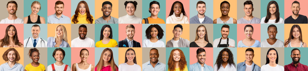 Multiple happy people of different age and ethnicity posing over colorful backgrounds