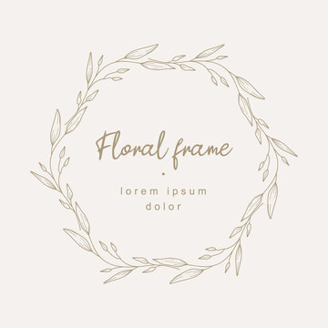 Hand drawn floral frame with a branch with leaves. Elegant leaf logo template. Vector illustration for labels, 
branding business identity, wedding invitation