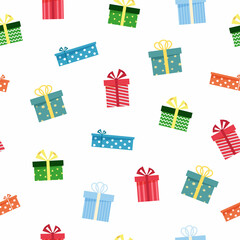 Vector seamless pattern with colorful cartoon gift boxes on white. Vibrant endless background for for textile, design, card, nursery, wrapping paper