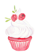 Raspberry delicious cupcake. Sweet hand-drawn watercolor illustration for weddings, cafeterias or valentine's day decor.