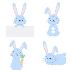 Set of sweet and cute blue bunny rabbits on white background in cartoon flat style. Vector clip art character children illustration.
