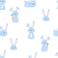 Seamless pattern with sweet and cute blue bunny rabbits on white background in cartoon flat style. Vector clip art character children illustration.