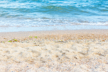 Sea waves and sandy beach . Coast with water splashing 