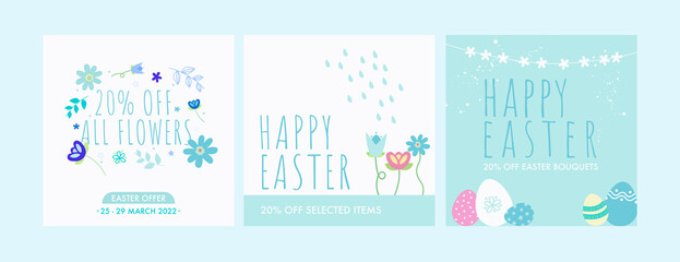 Set of Happy Easter cards and adverts. Hand drawn Spring flower elements, Easter eggs and April showers.