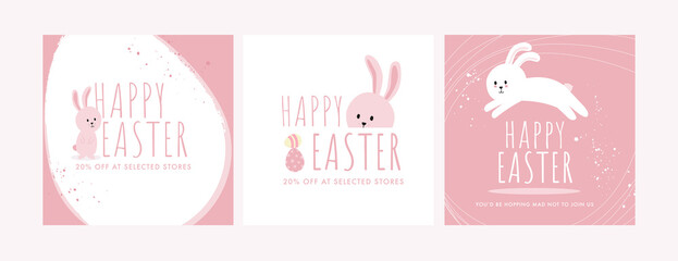 Set of pink Happy Easter cards and adverts featuring hand drawn Easter bunny, Easter eggs and paint elements. Simple design