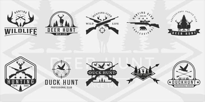 set of hunting logo vintage vector illustration template icon graphic design.bundle collection of various deer bear and duck hunt sign or symbol for hunter with retro badge and typography