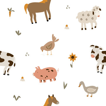 Childish seamless vector illustration with pets on a white background. Pattern of farm animals for fabric, children's room decoration, wrapping paper.