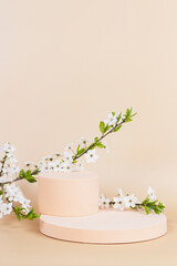Fototapeta na wymiar Geometric podium platform stand for product presentation and spring flowering tree branch with white flowers on pastel beige background. Front view