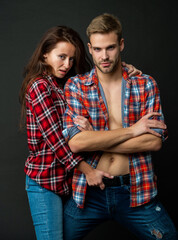 relationship of passionate girl and guy on black background, relationship