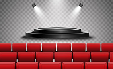 Theater stage with red seats and podium.Vector illustration.