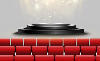 Theater stage with red seats and podium.Vector illustration.