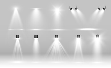 Collection of stage lighting, catwalk or platform, transparent effects. Bright lighting with spotlights. Light effect. Projector.