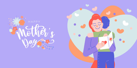 Happy mother's day celebration vector illustration. Mom and child give hug with organic flowers wreath decorative greeting text