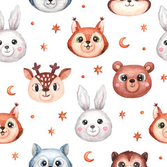 Seamless pattern with face or head of cute animals. Woodland animals wolf, squirrel, bear, rabbit, deer, chipmunk, with moon and stars. Watercolor illustration in cartoon style for kids