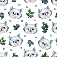Watercolor seamless pattern with face or head cute dog or wolf and blueberries. Nursery illustration in cartoon style on white background.