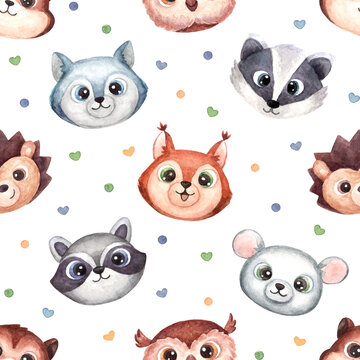 Seamless pattern with face or head of cute animals. Woodland animals wolf, squirrel, badger, raccoon, hedgehog, mouse, owl, hamster. Watercolor illustration in cartoon style for kids