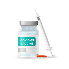 COVID-19 vaccine ampoule with syringe on white background, isolated vector illustration