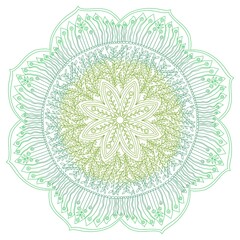 Hand drawn mandala in line art doodle style and different shades of green color, with nature floral elements. For banners, cards, package, covers, boho textile. Raster file on white background.