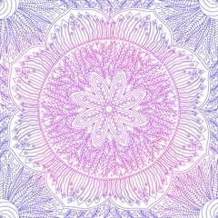 Hand drawn mandala in line art doodle style, purple and pink color, with nature floral elements. Seamless background pattern for banners, cards, package, covers, boho textile. Raster file on white.