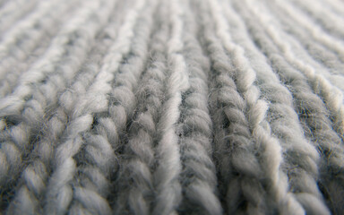 Macro close-up of hand-knitted garment (2x2 rib stitch) in pale blue. Vertical view.