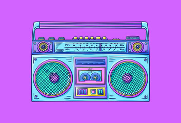 Boombox illustration. Cassette player. Retro cassette recorder. Music player. 90s style vector. 1990s trendy illustration. Nostalgia for the 90s.