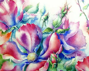 Bright, botanical, watercolor background with carmine flowers, jpg. Flower composition.