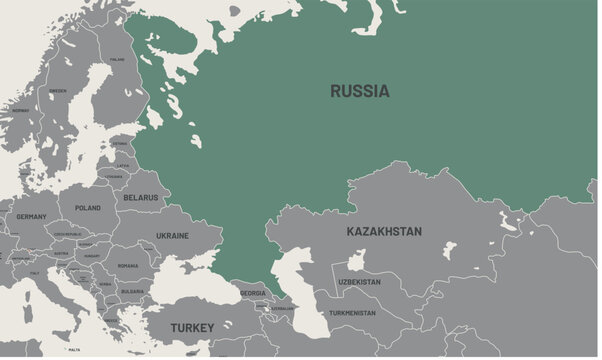 Russia map on world map. The borders of Russia are colored. It looks different from other countries. Detailed representation of Russia country borders