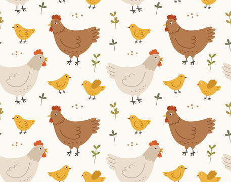 Seamless pattern of cute hens and chickens in various poses with grains. Hand-drawn vector poultry, isolated on white background. Spring season concept, Easter, nature.