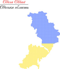 Dotted map of Odesa Oblast, province of southwestern Ukraine, located near the Black Sea. Center is Odesa. With english and ukrainian text. In national colors of Ukrainian Flag. Vector illustration.