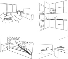 Set of different interior hand drawn sketch. Kitchen, living room, bathroom, bedroom, workplace.