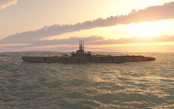 Amerikanisches Unterseeboot aus dem zweiten Weltkrieg im offenen Meer bei Sonnenuntergang