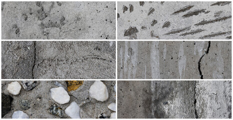 Texture set of old cracked concrete walls. Rough gray concrete surfaces with stones. Collection of panoramic backgrounds for design.