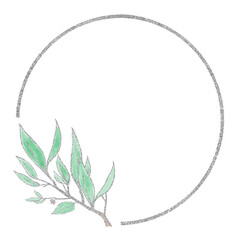 背景素材　シルバーのボタニカル風 フレーム　水彩で描いた葉付きの枝