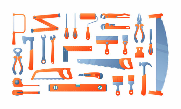 Vector illustration worker hand tools for building, construction, repair, masonry, woodworking and renovation isolated on white background. Set of different instruments icons in flat cartoon style.