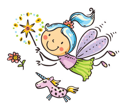 flying fairy with unicorn and magic wand clip art preview