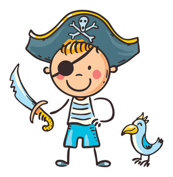 Child in costume of fairytale character like pirate, cartoon clipart