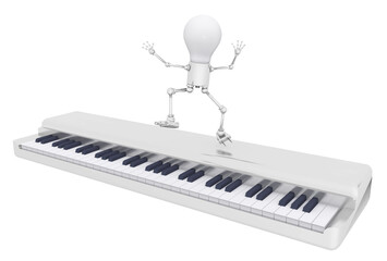 Gl&uuml;hbirnen Figur tanzt auf einem Keyboard, Freisteller